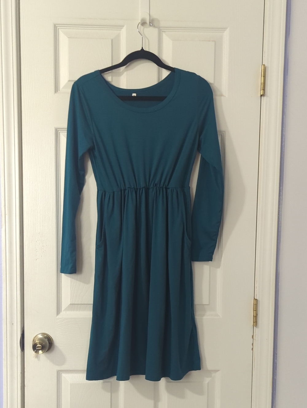 Teal Long-Sleeve Gathered-Waist Midi Dress